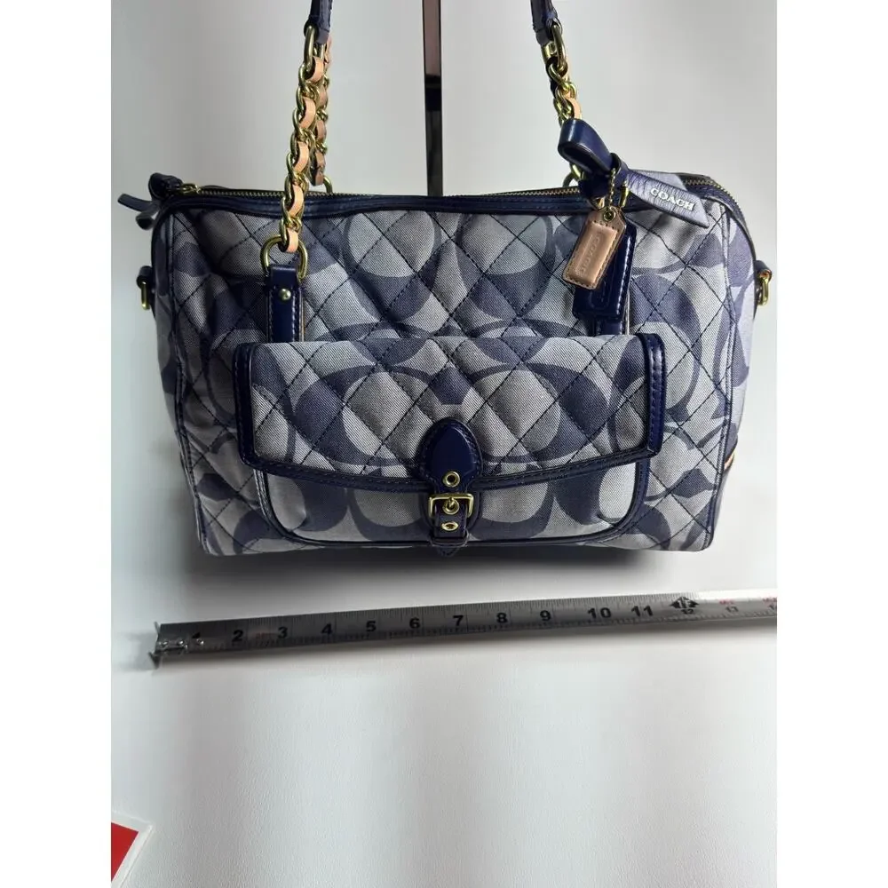 Coach Poppy Quilted Signature Denim Pocket Satchel 25072 Navy Leather 2Way Bag